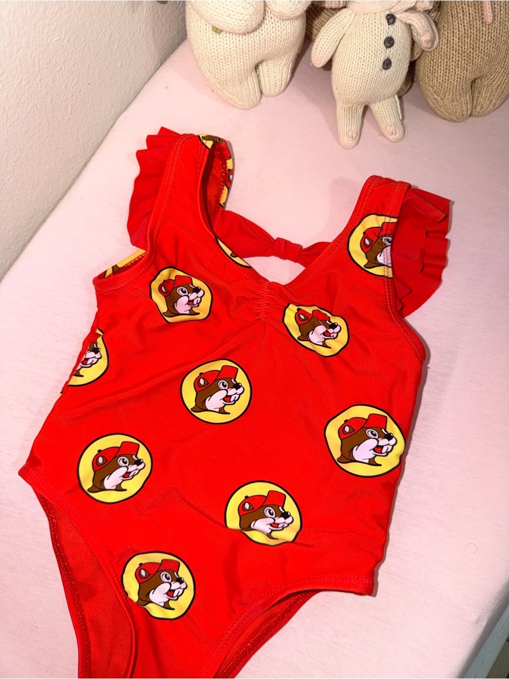 Red Kids One-Piece Bodysuit with Playful Chipmunk Motif